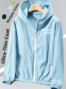 Women's Hooded Skin Coat with "Fell Down Got Up" Letter Print, Loose Slim Fit, Comfortable & Breathable, Lightweight, Quick-Drying, Skin-Friendly, Style for Daily Commute, Casual Outings & Outdoor Trips, Multiple Colors, All-Season Versatile Jacket