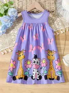Cartoon Animal Print Girls' Halter Dress, Comfortable Breathable Holiday Tent Dress, Casual Summer Fashion, Kids Clothing, Sleeveless Dress