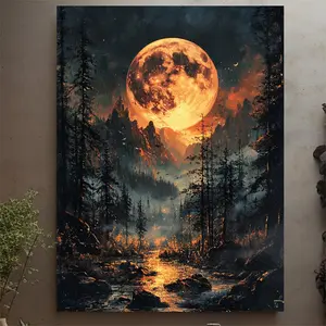 A Mysterious Moonlight Forest Canvas Art with Frame,-Magical Night View, Showing Full Moon, Pine Trees and Mountains and Rivers, Witch Wall Decoration, Suitable for Halloween, Halloween Decoration
