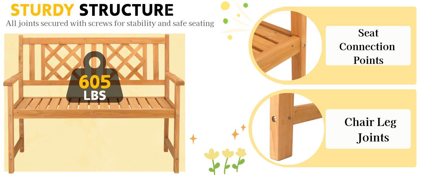 Karlhome Wooden Garden Bench, Outdoor Wood Patio Bench, Rustic Two Person Loveseat Chair w/Armrest for Porch Poolside Park Backyard Balcony, Capacity 605Lbs, Grid Backrest