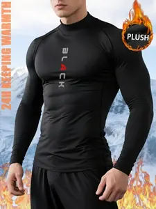 Men’s Winter Sports Top – Fleece-Lined Black Long Sleeve, Stand Collar, Stretch Fit with Graphic Print for Outdoor Training & Cold Runs, Athletic Tops