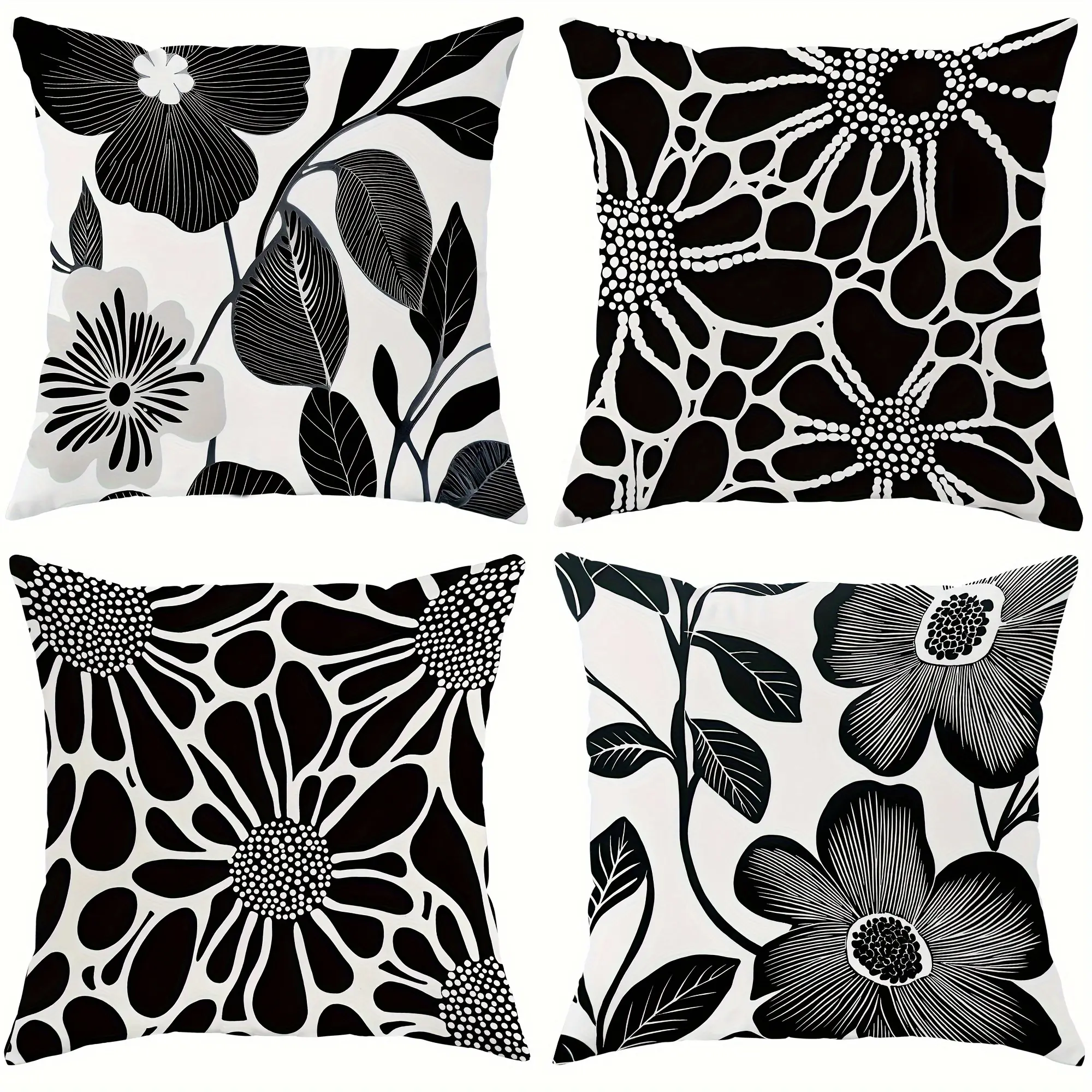 4pcs-Floral and Leaf Pillow Covers - Modern Black and Gray, Soft Polyester Decorative Pillow Covers, Suitable for Living Room, Bedroom, Sofa Bed Decoration, Single-sided Printing, Without Pillow Core, Bedroom Decorative Accessories