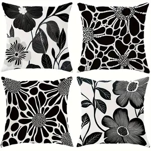 4pcs, Floral and Leaf Pillow Covers - Modern Black and Gray, Soft Polyester Decorative Pillow Covers, Floral Pattern, Suitable for Living Room, Bedroom, Sofa Bed Decoration, Single-sided Printing, Without Pillow Core, Home Textile