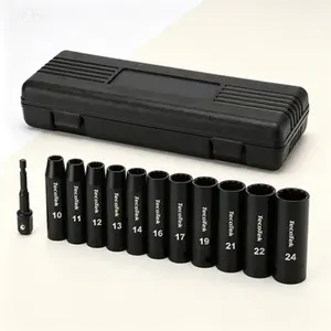 Cr-V Impact Socket Set, 1/2-Inch Drive Deep 12-Point, 10mm to 24mm Metric Sockets with Drill Socket Adapter, Reusable Heavy Duty Mechanics Tool Kit