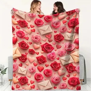 Rose-Patterned, Heart-Shaped Flannel Blanket, Sweet Romance and Tenderness Conveying Sense of Love and Ritual Cover Blanket, Soft and Fluffy Warm Blanket, Outdoor Sports Blanket, Gift Blanket, Suitable for Living Rooms, Sofas, Offices, Camping, and Travel