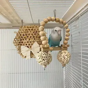 2Pcs Parrot Chew Toy Set - Natural Wood Sola Ball Swing & Raffia Bamboo Woven Toy - For Lovebirds/Cockatiels/Budgies/Parakeets and Other Small Medium Parrots - Beak Grinding & Boredom Relief - Stimulate Chewing & Playing