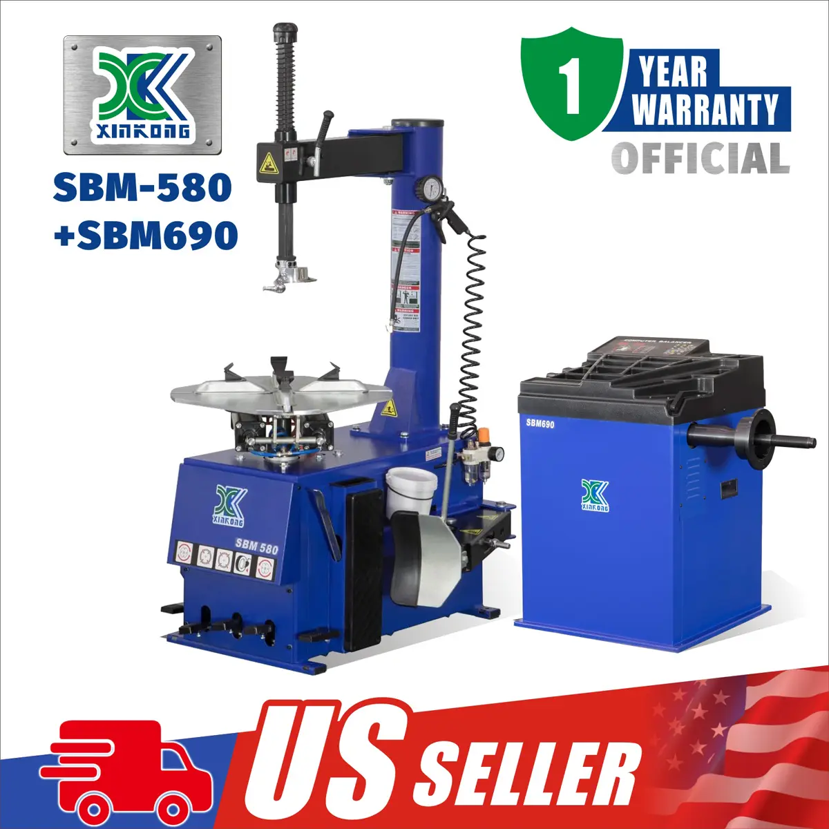 XK-New 2.0 Horsepower Tire Changer Wheel Changers Machine Combo Balancer Rim Clamp 580-690 with 36 Month Part Replacements