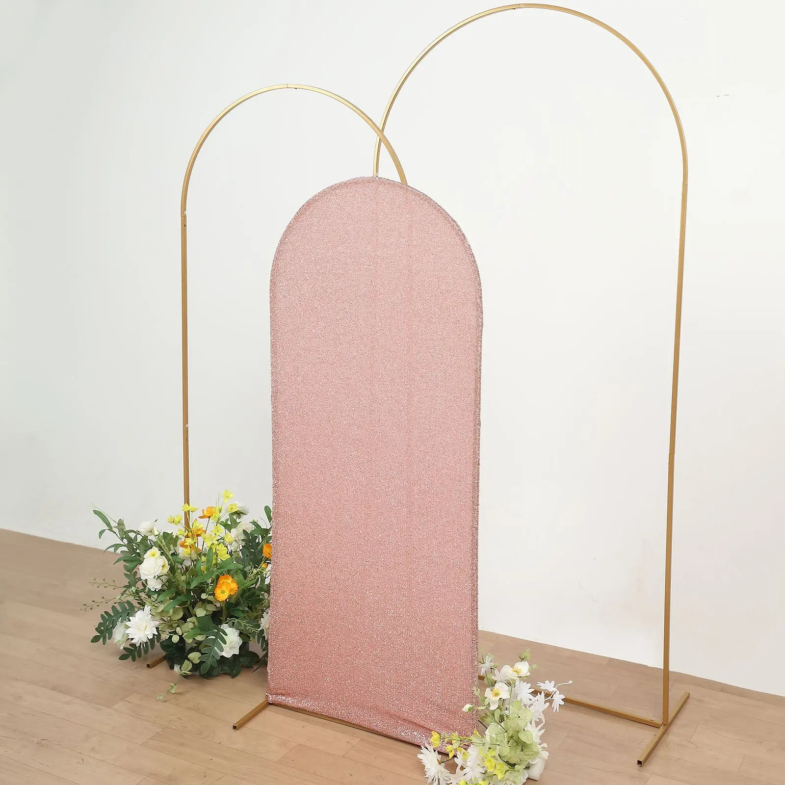 5ft Rose Gold Shimmer Tinsel Spandex Backdrop Stand Cover - Shine Enhancing Spandex Fabric, Fitted Round Top Shape, for Wedding Arch Backdrop