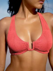 Red Jacquard U-Ring Cross Back Bikini Top