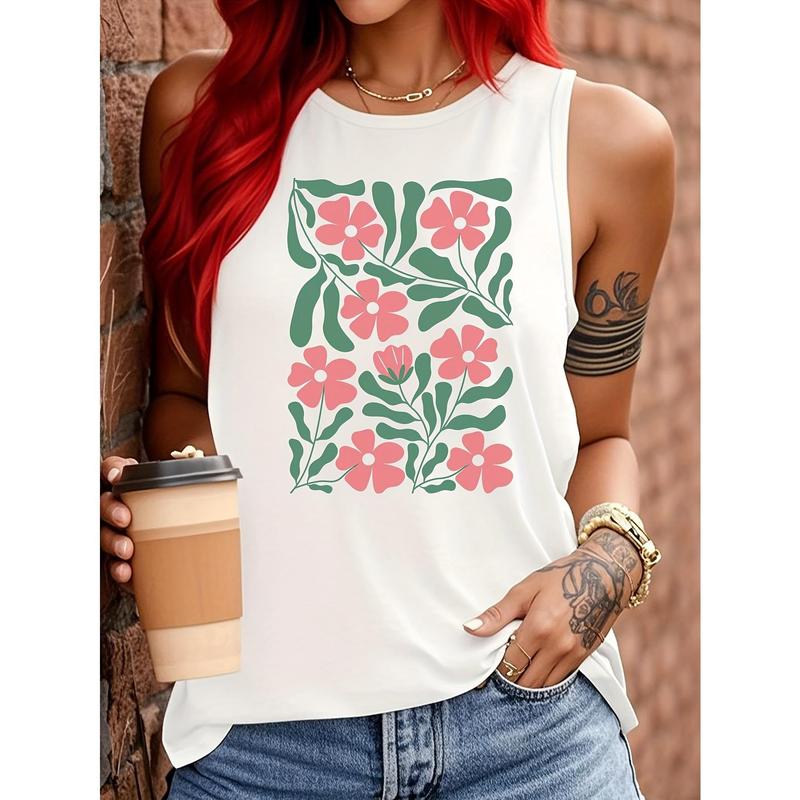 Women's Abstract Floral & Geometric Print Sleeveless Top - Soft Stretch Fabric, Relaxed Fit Round Neck Summer Blouse for Casual Casual Attire, Breathable Clothing, Soft Fabric, Warm Weather Outfit, Comfortable Clothing, Women
