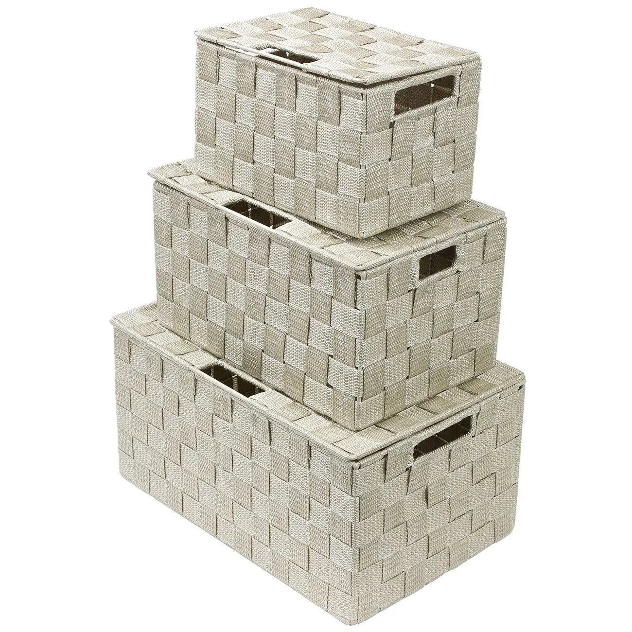 3-Piece Double Woven Basket Bin Set with Lid Organiser Decorative Stainless Steel Boxes