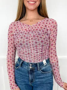 Bloom Through it Sheer Mesh Long Sleeve Ivory Avery Mae Top