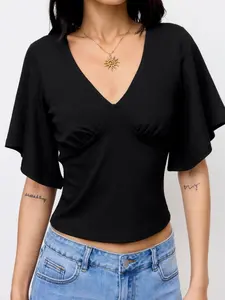 V-neck Ruched Short Bell Sleeve Top Curve & Plus