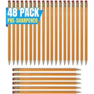 Pre Sharpened Pencils #2, Pencils with Eraser, 2 HB, -Cased, Black Lead, Yellow Barrel (48)