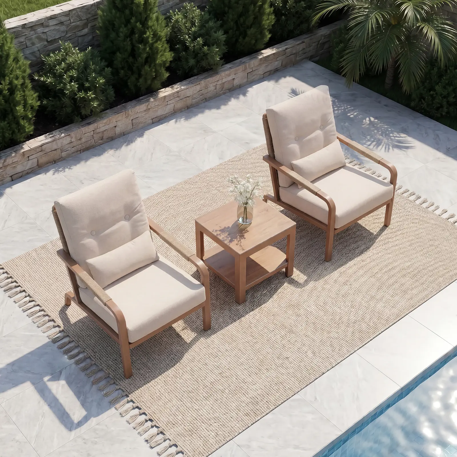 Yurdafy 2-Seat 3-Piece Small Patio Bistro Set with Aluminum & Polyester Alloy Frame Coffee Table, Waterproof Thick Cushions, Easy Assembly for Balcony Garden, Beige Outdoor Living Set, Outdoorfurnitureset Patio Furniture Sets Modern Patio Set Metal Patio