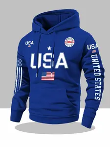 USA flag print hoodie men's fleece sweatshirt, United States letter print unisex casual knit fabric pullover for students and couples fashion hoodie for autumn and winter, 2026spring pullover hooded sports hoodie