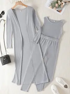 Tween Girls Waffle Casual Three-Piece Set, Comfortable Long Jacket, Sleeveless Vest, Loose Long Pants, Stylish and Comfy, Fashion Style Sets