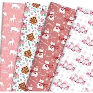 Children's Christmas Wrapping Paper, Unisex for Boys and Girls-Pink gift wrapping paper featuring gnomes and bears, 12 folded sheets (49.8 cm * 69.9 cm), perfect for Christmas, birthdays, weddings, and any occasion.