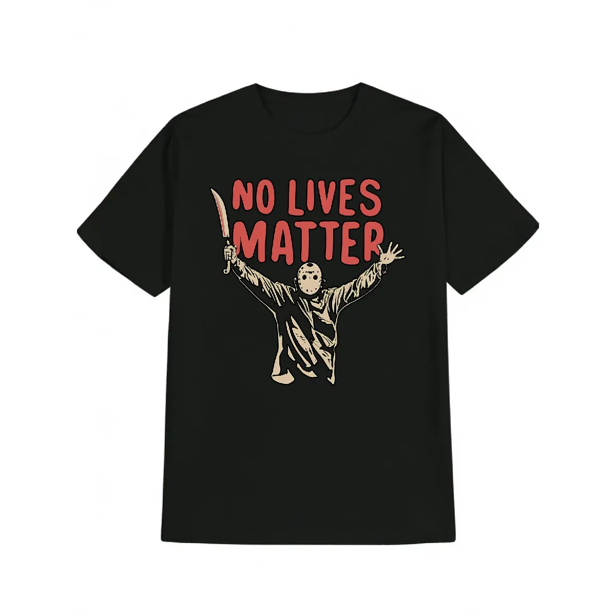 Men's Casual Graphic T-Shirt - "NO LIVES MATTER" Bold Print with Masked Figure & Bloody Knife Design - Black Round Neck Summer Tee - Machine Washable Statement Top for Men, Casual Attire, Edgy Design, Durable Print, Comfortable Fit