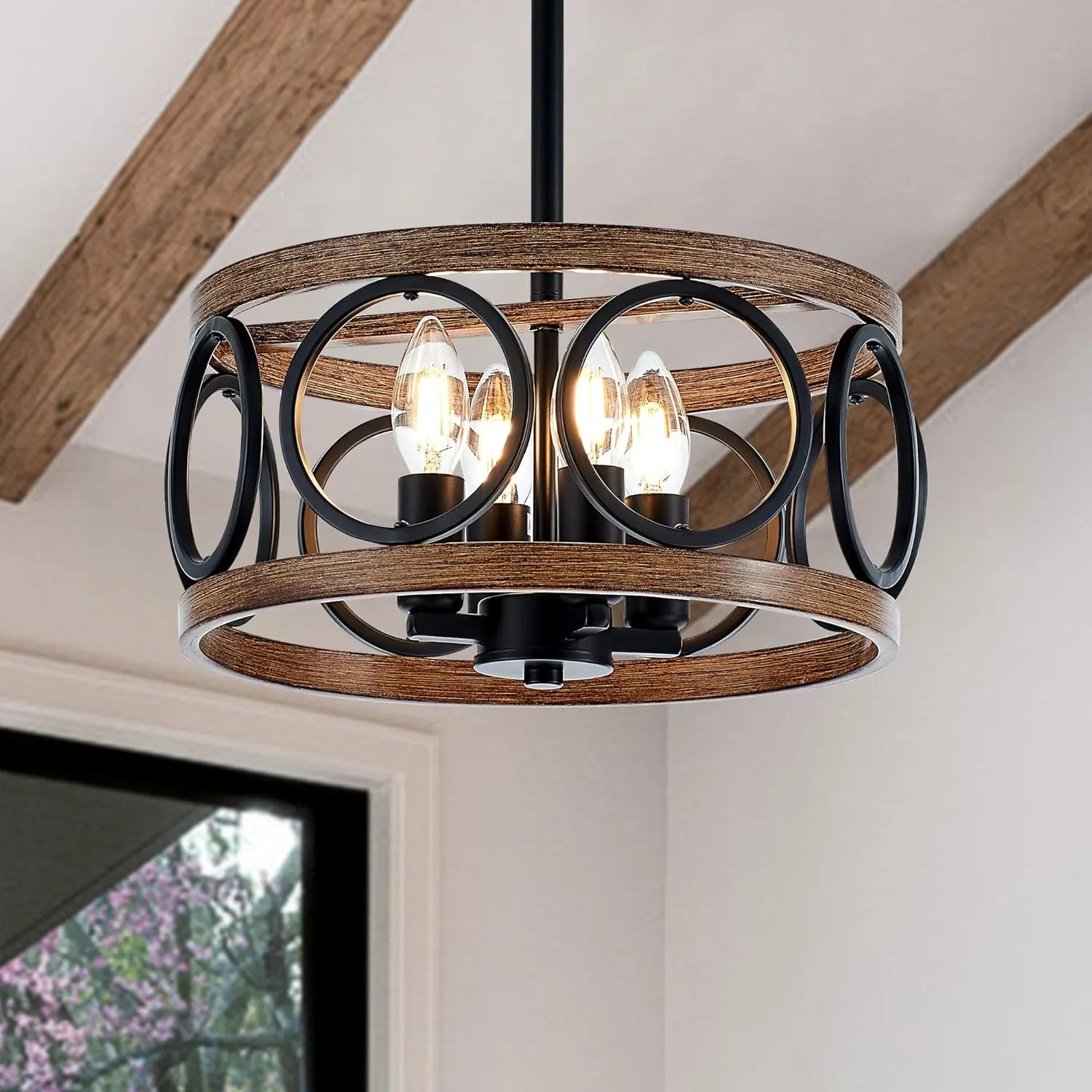 4-Light Farmhouse Drum Pendant Light,12.6'' Nature  Texture  Rustic Chandeliers Black Metal Industrial Hanging Light Fixtures for Entryway, Bedroom Dining Room