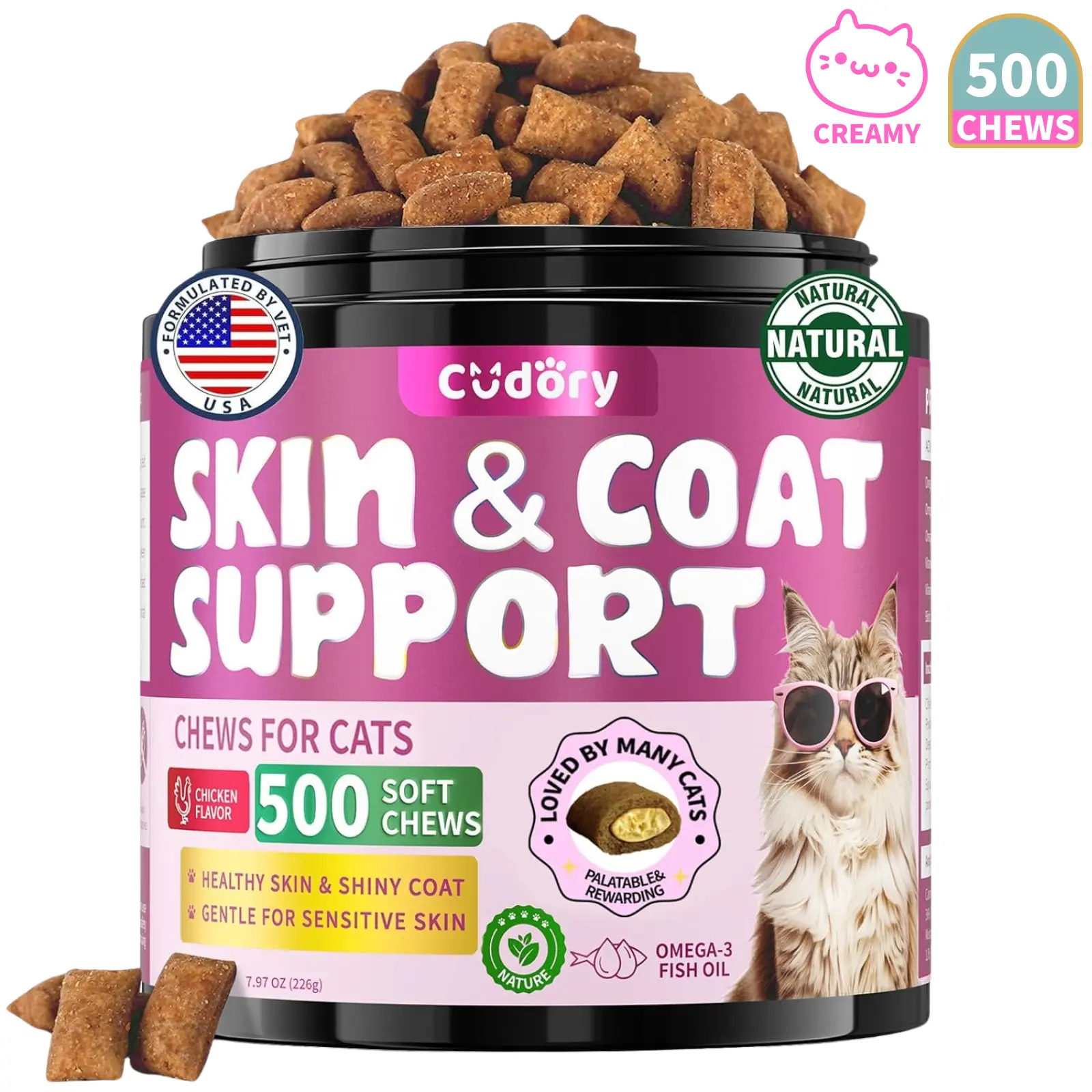 Cudory Cat Skin & Coat Chews – Natural Cat Supplements with Vitamins, Omega-3, Biotin & Vitamin E, Healthy Skin & Shiny Fur Supprot, 500pcs, Chicken Flavor