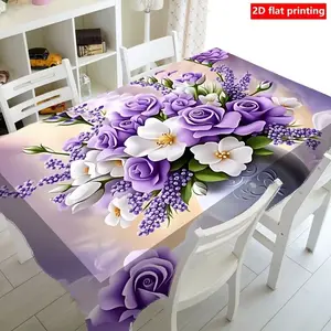 2D Flat Party Tablecloth 1pc, Rose Bouquet Design, Durable Polyester, Elegant Romantic, Rectangular, Indoor Outdoor Decor, Kitchen Tablecloth