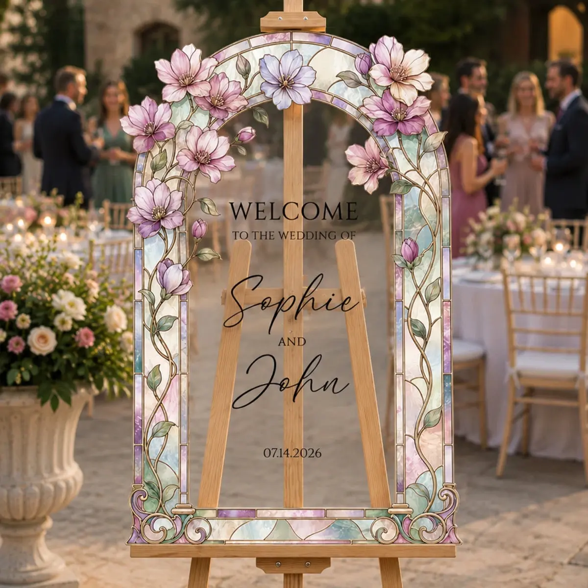 Pink Magnolia Stained Glass Wedding Welcome Sign — Full Arch