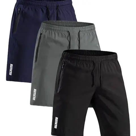 Men's 3-Pack Hydro Wick Quick-Dry High Performance Elastic Sports Shorts - Casual Gym Running Summer Activewear Bottoms with Zipper Pockets, Gym Shorts
