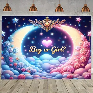 1pc Blue and Pink Gender Reveal Backdrop with " or?" Text - Monogrammed Polyester Banner Showers, Theme Parties, Family Gatherings, Anniversaries, and Photo Booths - Whimsical Moon, Stars, and Roses Design, Shower Decor | Dreamy Atmosphere