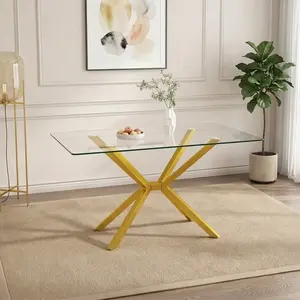 47.2" Clear Tempered Glass Dining Table for Kitchen - Modern Rectangle Table with Gold Metal Legs for Dining Room, Living Room - Transparent Top