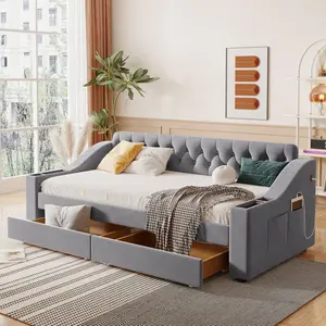 [Bellemave]Twin Size Upholstered Daybed with Storage Armrests and USB Port, Gray