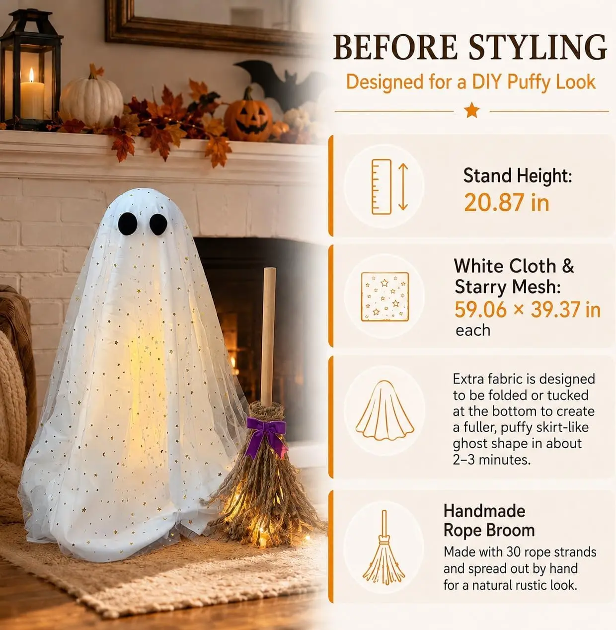 Halloween Decorations - Ghost and Witch Broom Set | Cute Fall Halloween Indoor Decor, Full Fluffy Lighted Ghost Shape, DIY Adjustable Decor , Mantel, Fireplace, Entryway