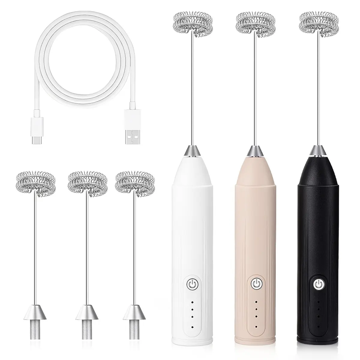 Rechargeable Electric Milk Frother, Handheld Milk Foamer with Stainless Steel Whisk Heads and 3 Speed Settings, Suitable for Egg, Milk, Latte, Coffee, Cappuccino, Hot Chocolate