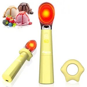 Heated Ice Cream Scoop Rechargeable electric ice cream scoop featuring a one-touch, three-speed adjustable heating function. Detachable design with a drip-proof base. IP68 waterproof rating. Suitable for hard ice cream. Yellow.