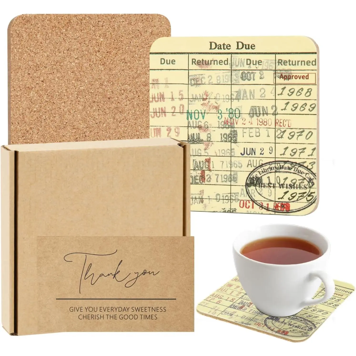 Library Due Date Card Coaster Set, 4 count Library Card Coasters with  Card, Creative Drink Coffee Mug Coaster Literary Decor Library Gifts for Book Lovers Librarians Writers