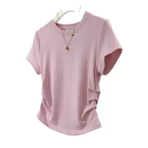 Women's 2026 Summer Crew Neck Regular Shoulder Short Sleeve T‑Shirt, Slim Fit Pleated Design Pullover Cropped Versatile Basic Top