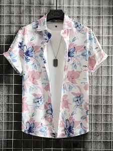 Men's Casual Fashion Short Sleeve Collared Shirt, Breathable Mesh Fabric, Pink & Blue Floral Allover Print, Fresh Vacation Style Versatile Top, Perfect for Travel & Daily Wear