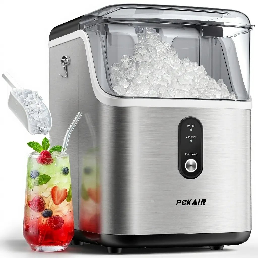 POKAIR Countertop Nugget Ice Maker with US Plug - 9 Mins Fast Ice Making, 33 lbs/day Capacity, 1-Click Operation, Self-Cleaning Function for Home, Kitchen