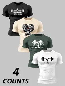 Men's 4 Pack Fitness Print T-Shirts, Gorilla & Barbell Pattern, Slim Muscle Fit, Breathable Quick Dry Stretch Fabric
