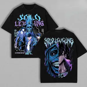 Solo Leveling Vintage Washed  Graphic Tee Oversized Sung Jin Woo Anime Shirt Double Sided Print, Gym Pump Cover Streetwear Casual Short Sleeve Top Gifts for Manhwa Fans 90s Retro Aesthetic Unisex Apparel Trendy Y2K Dark Otaku Clothing Mens Tops Tees