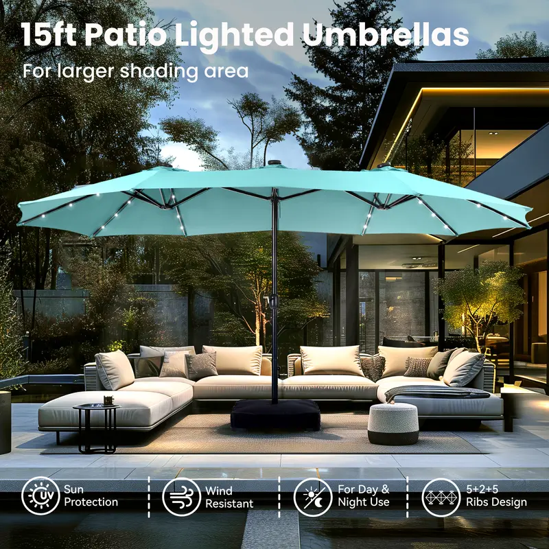 SolarSpan 15ft patio umbrella with LED lights glowing at night