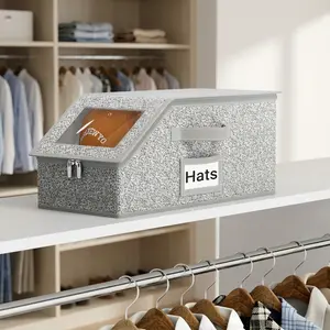 Premium Hat Storage Organizer Box with Clear Lid Fabric Baseball Cap Holder for Closet Shelves Large Capacity Holds 15 Hats Durable Fabric Sturdy Structure Collapsible Space Saving Design
