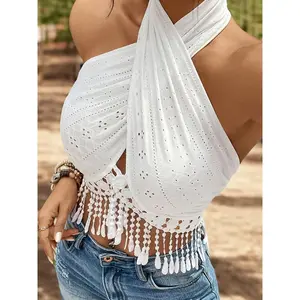 2026 Spring/Summer New Arrival: Women's Elegant Resort-Style Backless Camisole - Lace-Paneled Vest with Fringed Crisscross Halter Neckline