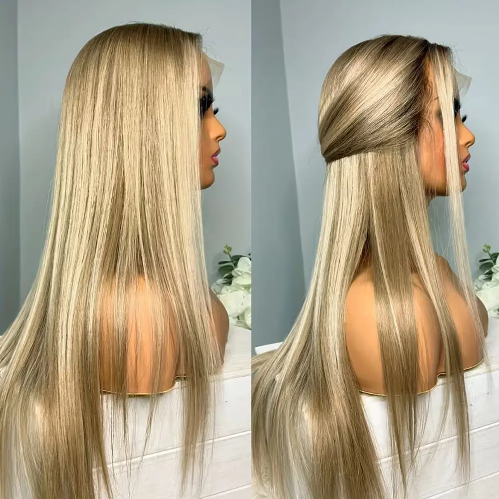 28 Inch Glueless Golden Highlights 13x4 HD Transparent Lace Frontal Heat Fiber Straight Lace Front Wig for Women for Daily & Party Cosplay Use