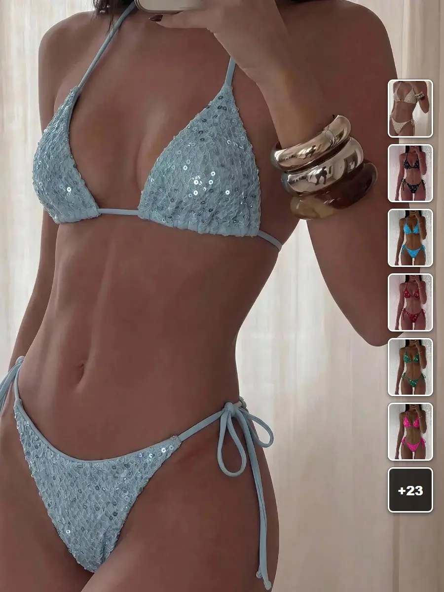 2 Piece Sequin Bikini Set Triangle Cup Side Tie Colorful Beach Vacation Summer Outfit