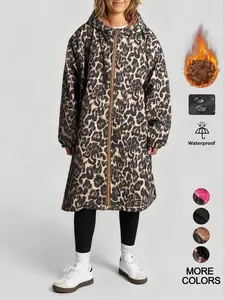 Women's Long Leopard Print Colorblock Windbreaker Jacket, Loose-Fit Casual Style, Fall & Winter Waterproof Warm Coat