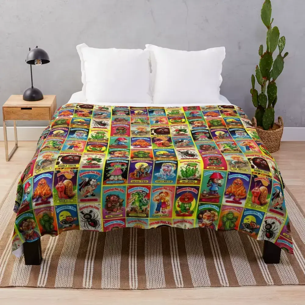 Trash can child retro trading card collage printed flannel blanket soft and comfortable bedroom/living room sofa retro 80s collector nostalgic fan perfect gift family office travel camping