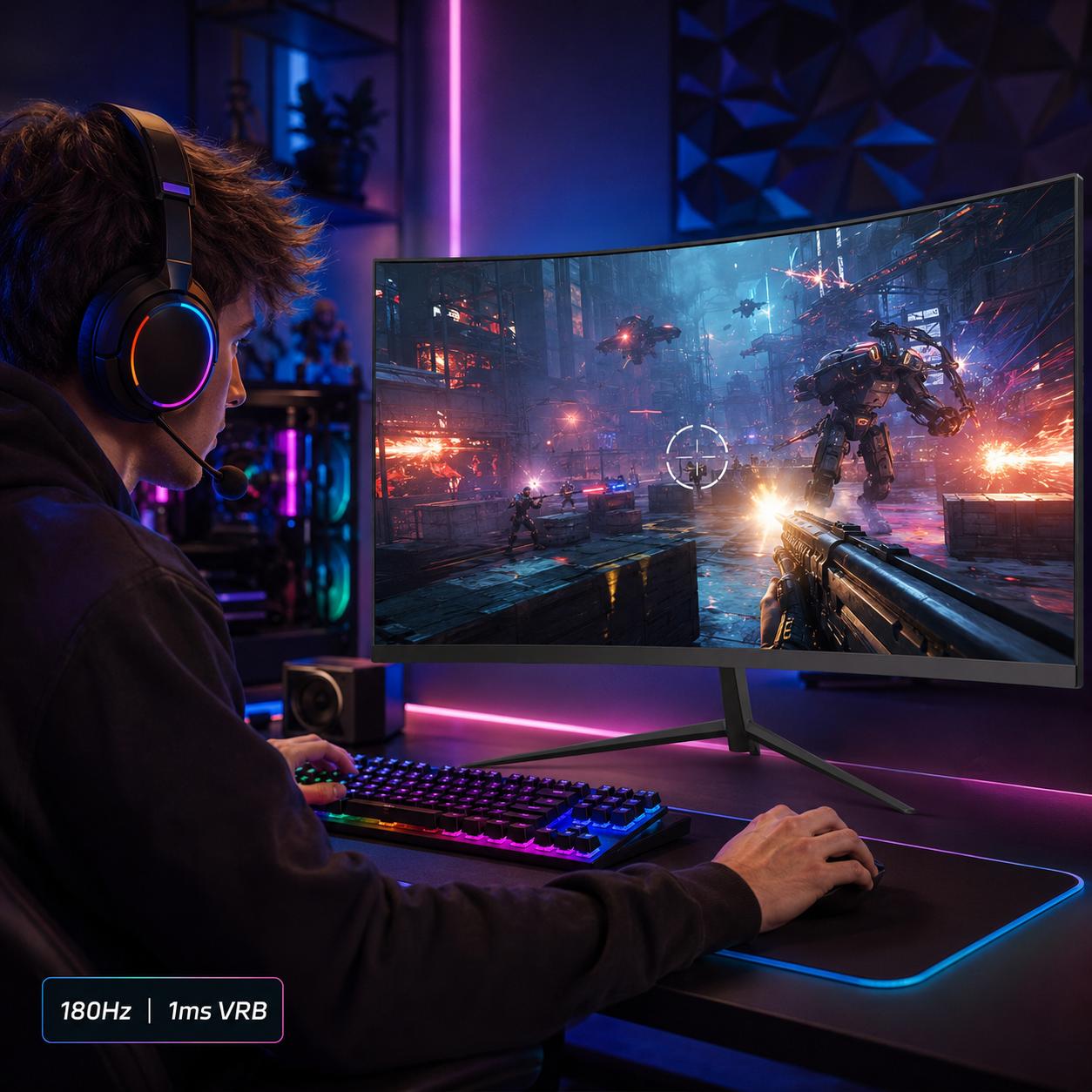 Rehisk 24" Curved Gaming Monitor – 180Hz, 1ms, FHD, FreeSync, Ultra-Slim, HDMI/DP, VESA Ready