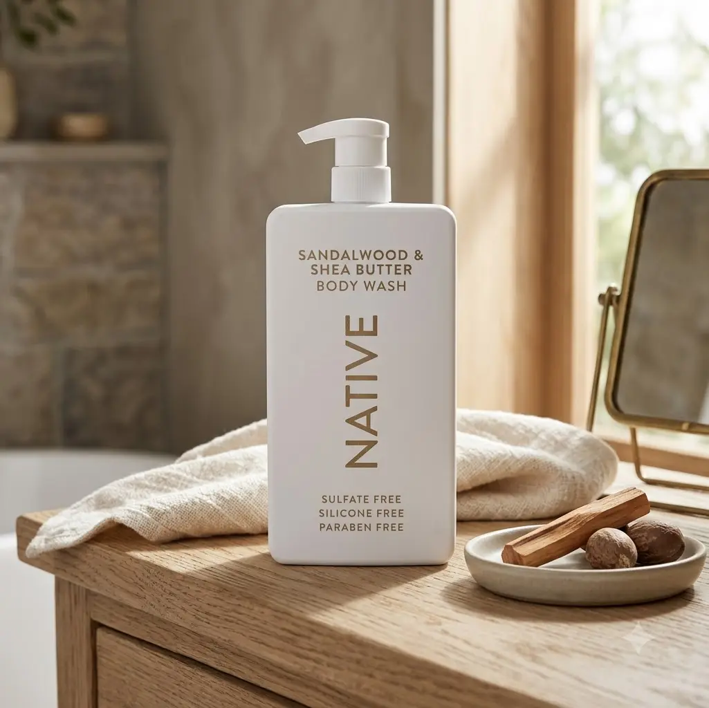 Native Body Wash, Sandalwood & Shea Butter, Sulfate-Free Body Wash for Women & Men, Vegan & Cruelty-Free, 18 Fl Oz