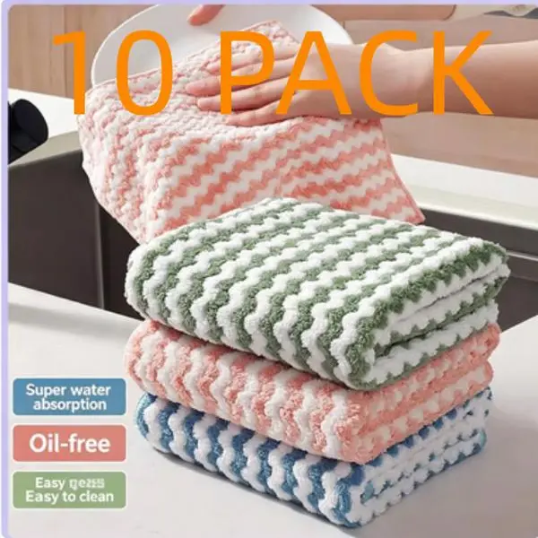10-Pack Heavy Duty Thick Lint-Free Rectangular Synthetic Cleaningcloths - Reusable, Washable, Super Absorbent, Non-Stick Grease, Wavy Textured Home Care Cleaning Supplies for Dishes, Countertops
